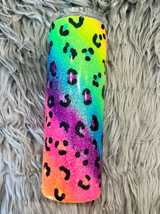 Lisa Frank Inspired Leopard Rainbow Glitter Tumbler