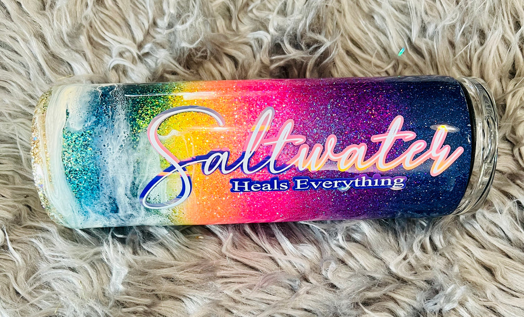 Saltwater Heals Everything Glitter Sunset Tumbler