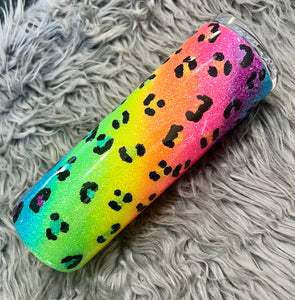 Lisa Frank Inspired Leopard Rainbow Glitter Tumbler