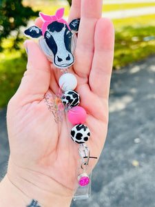 Cow badge reel with beads