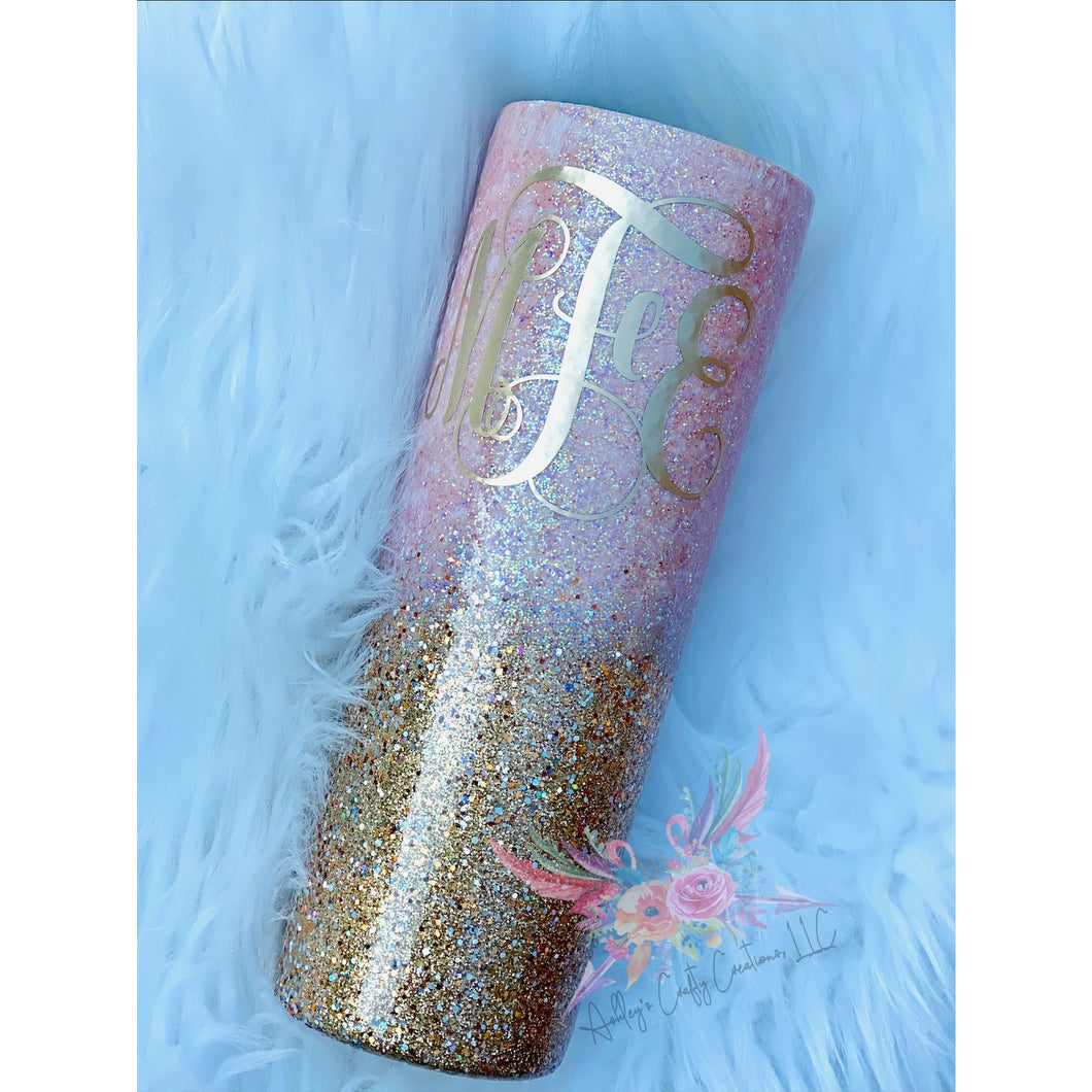 Pink and Gold glitter ombré tumbler with monogram
